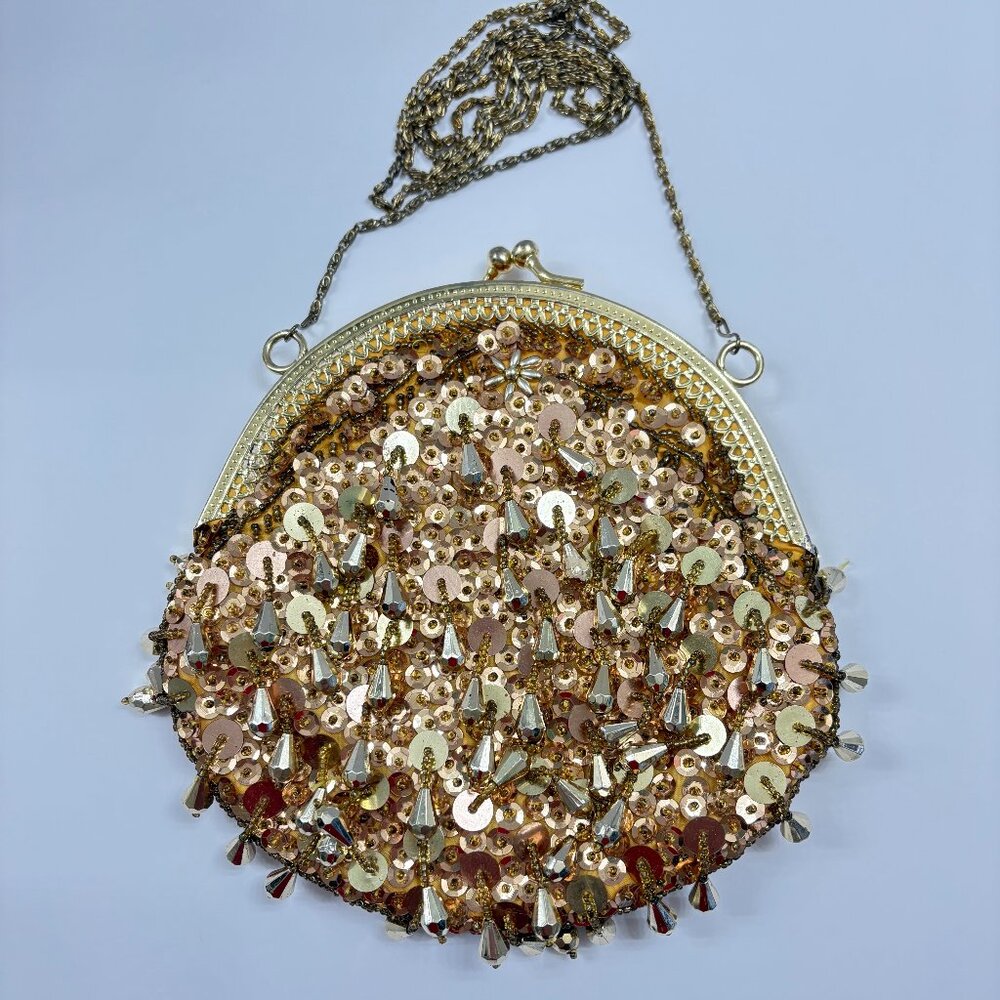 Vintage 1960 Gold Sequins & Tear Drop Evening Crossbody Bag